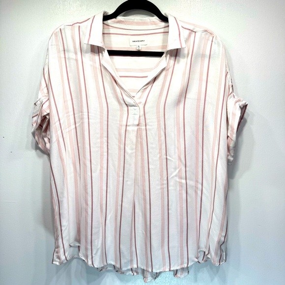 Thread & Supply Top White with Pale Rose Mauve Stripes Boxy Relaxed Button Front - Picture 1 of 6